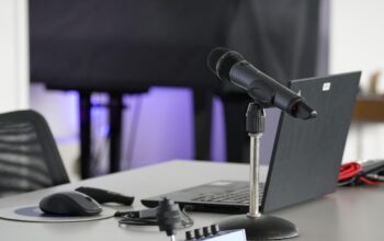 colorful workspace with laptops