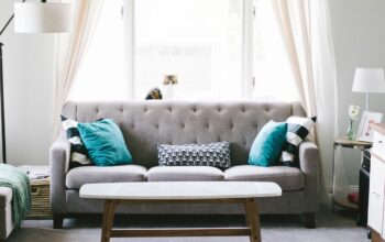 curved sofa in earthy tones