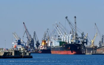 cargo ships at busy port