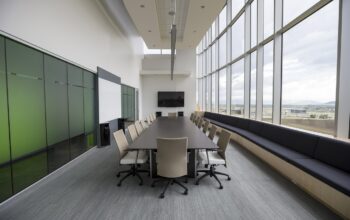 businesswoman in meeting room with charts
