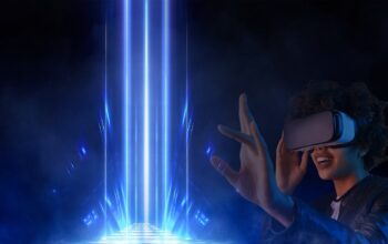 a diverse team using vr headsets and physical game boards in a modern office with interactive screens.