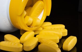 health supplements stacked in a modern pharmacy