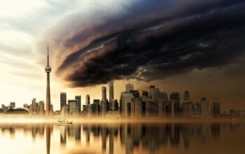 city skyline heatwave satellite storm clouds