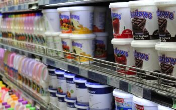 grocery store aisle with digital overlays