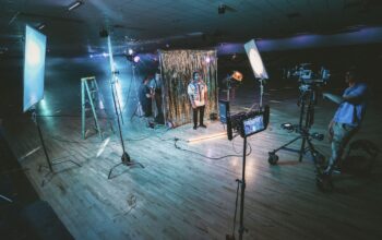 film crew working on set