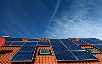 modern sustainable building with green roof and solar panels