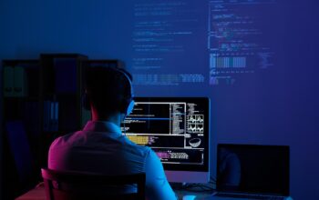 modern coding workspace with computer screens