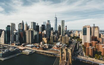 modern city skyline with digital overlays